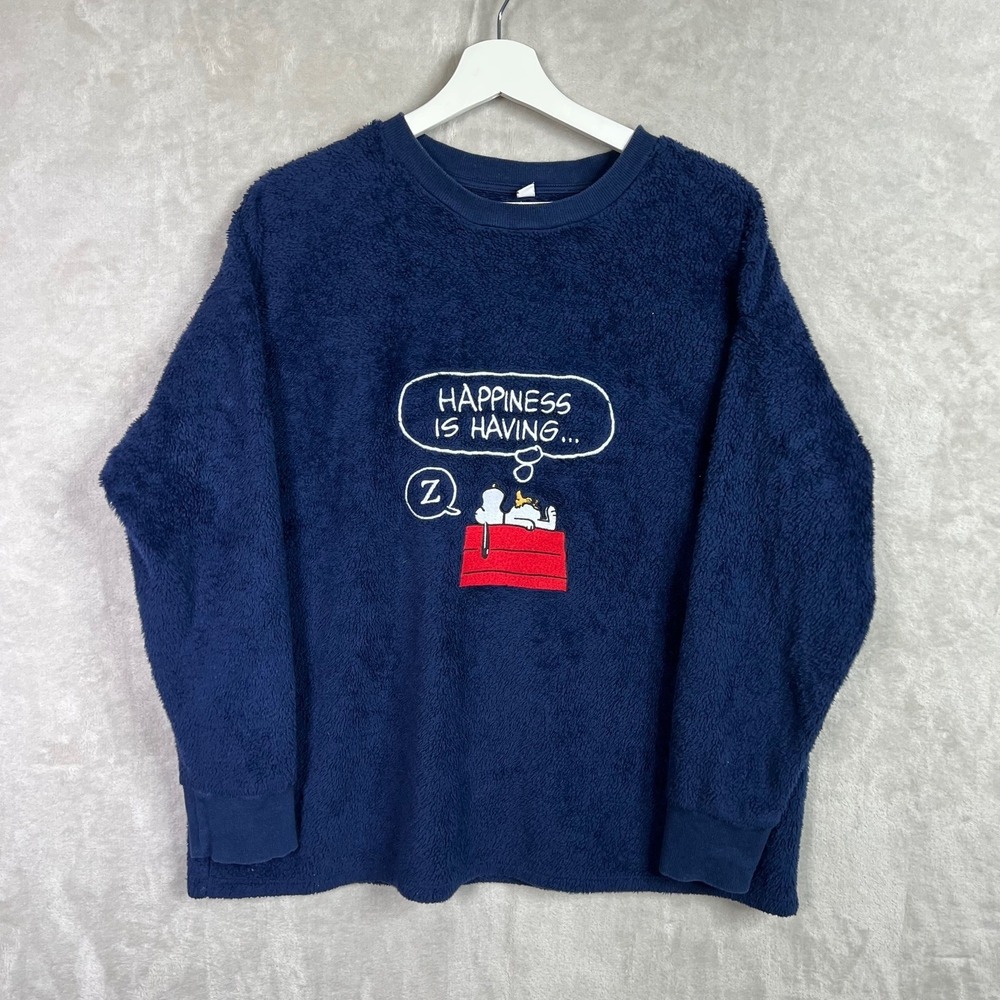 Uniqlo Peanuts Snoopy Happiness Is Having XL Fleece Pullover Navy Blue Crewneck